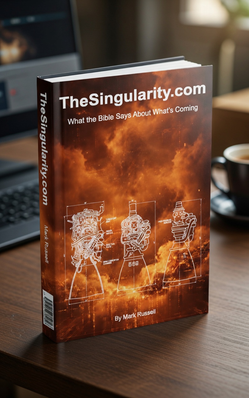 Book cover for The Singularity: What the Bible Says About What's Coming by Mark Russell, featuring rocket engine blueprints against an orange nebula