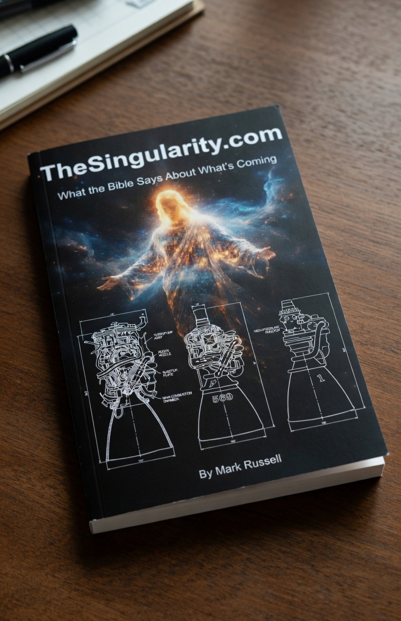 Book cover for The Singularity: What the Bible Says About What's Coming by Mark Russell, featuring rocket engine blueprints against an orange nebula