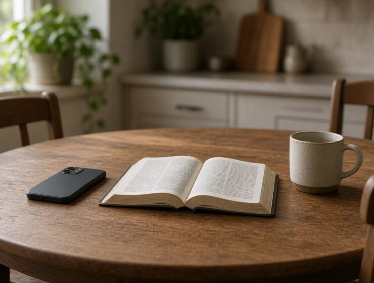 Open Bible and phone face-down — people still skip AI spiritual guidance